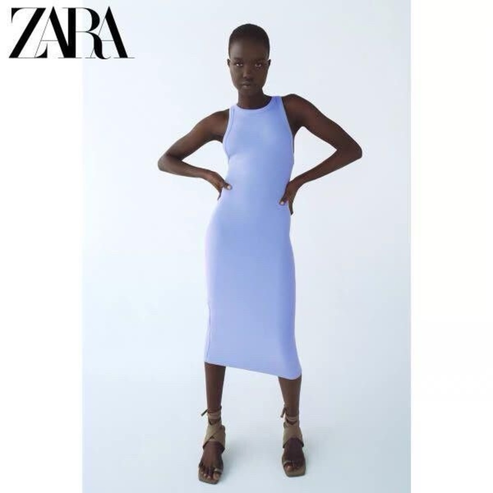 ZARA Bodycon Ribbed Lavender Periwinkle Purple Sleeveless Tank Midi Dress